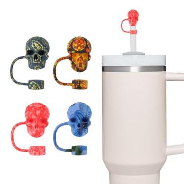 Imagem de Pacote com 4 tampas de canudo de caveira para copo stanley 30 e 1,134 g, acessórios de copo de água, tampa de cobertura de palha 3D reutilizável à prova de poeira, presente Hollaween (B)