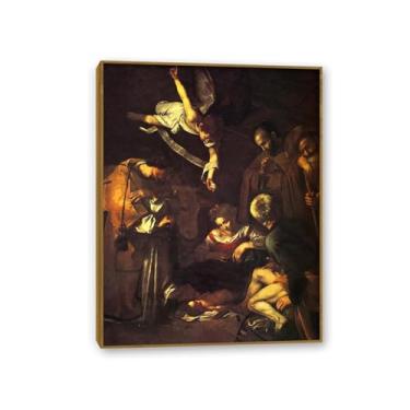 Imagem de Zeichn8u Nativity with Saints Francis and Lawrence por Caravagio Impressão de arte famosa em tela famosa reprodução de pintura barroca melhora a decoração de sua casa ou escritório Moldura teca 65x50