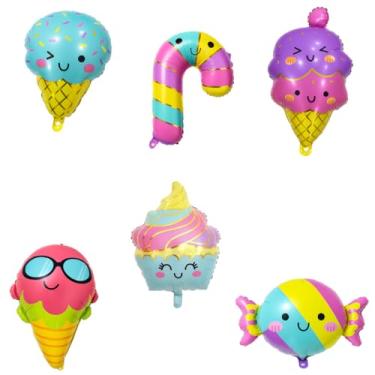 Imagem de Kit Balão Metalizado Mix Doce 6 Unidades Balão Sorvetinho, Bala Feliz, Cupcake, Sorvete Duplo, Bengala Doce, Sorvete Óculos Decoração Painel Festa Infantil, Aniversário, Candy Party, Fundo Fotográfico