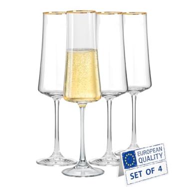 Imagem de Biandeco Conjunto de 4 taças de champanhe de cristal com borda dourada, taças de vinho espumante com haste longa de cristal boêmio
