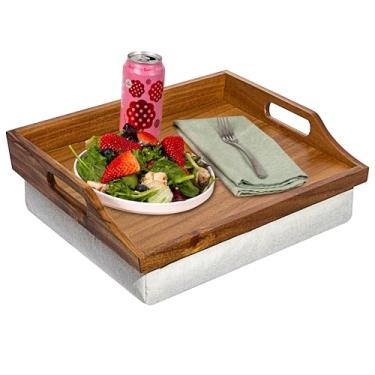 Imagem de ROSSIE HOME Bandeja de cama de madeira de acácia, mesa de colo com almofada removível, bandeja de servir - natural - serve para laptops de até 15,6 polegadas - Estilo nº 76106
