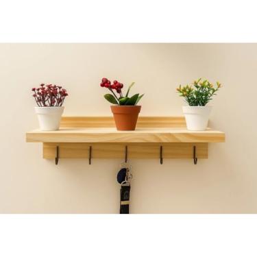 Imagem de Porta Chaves de Parede em Madeira Rústica com 5 Ganchos – Suporte Organizador para Celular, Cartas e Chaveiros – Pronto para Uso