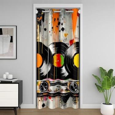 Imagem de jejeloiu 83s Capa de cortina divisória de sala de disco de vinil retrô 106,7 x 213,4 cm, capa de armário com notas musicais, vintage, tocador de música, cortina de porta de músico para privacidade de