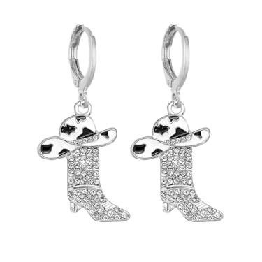 Imagem de coadipress Brincos de argola de botas ocidentais com strass para mulheres, boho, vaqueira, caubói, country, concerto, festa, chapéu, esmaltado, bota, pendurado, brincos, joias, acessórios, presente