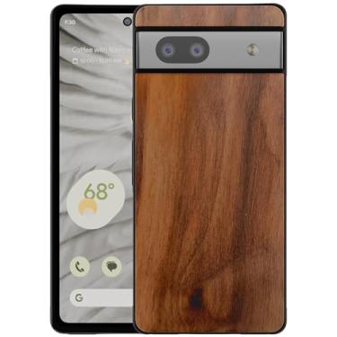 Imagem de FEJUC Capa de madeira genuína para Google Pixel 7a - Capa de madeira natural feita à mão, fina e à prova de choque, amortecedor de TPU macio, resistente a arranhões, proteção durável (nogueira)