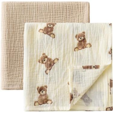 Imagem de Little Jump Pacote com 2 cobertores de musselina de algodão para bebês meninos e meninas - cobertor de bebê Boho Teddy Bear para meninos e meninas - Grande 119,4 x 119,4 cm cobertor de recepção neutro