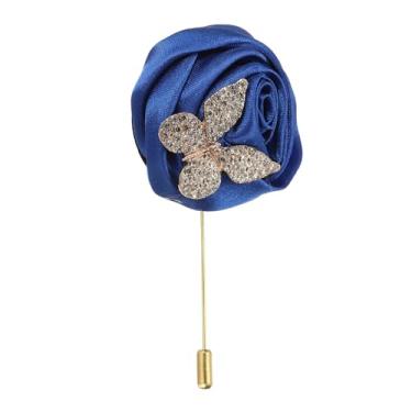 Imagem de uxcell Broche de lapela rosa para ternos masculinos, broche de flores de pano feito à mão com folha de ouro/corrente para acessórios de casamento de noivo, azul escuro