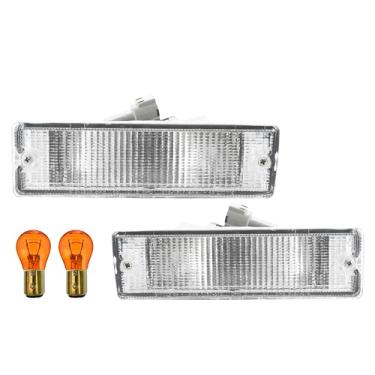 Imagem de USR 90-97 Luzes de seta rígidas – Conjunto de lâmpadas de seta de para-choque de substituição compatível com caminhonete Nissan 1990-1997 (todas as lentes transparentes com 2 lâmpadas/fiação/conectores)