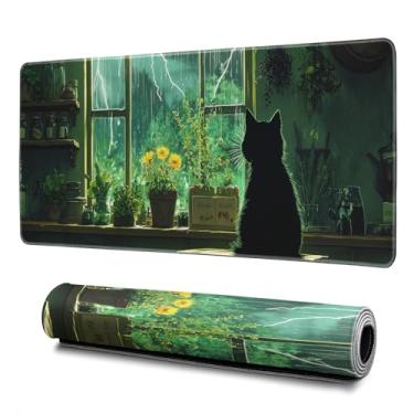 Imagem de Tapete de rato verde preto gato abstrato tapete de rato verde 31,5 x 11,8 polegadas textura de gato base de borracha antiderrapante grande tapete de rato com bordas costuradas teclado tapete de rato