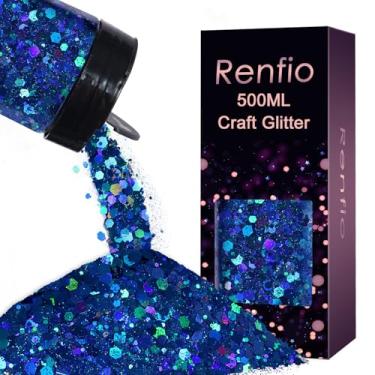 Imagem de Renfio Glitter grosso holográfico, 275 g, glitter grosso para artesanato, flocos de PET azul metálico, pó fino misturado para artesanato, resina epóxi, copo de globo de neve, decoração de festival