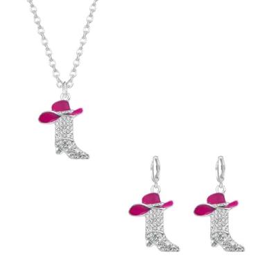 Imagem de Dreuyet Conjuntos de brincos e colares de botas ocidentais para mulheres delicado chapéu de vaqueira de strass brilhante brincos pendentes de bota de rodeio boêmio colares com pingente de bota country