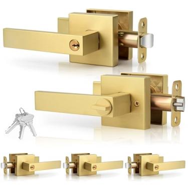 Imagem de Gaurqiah Pacote Com 5 Alavancas De Porta Entrada Chaves Iguais, Em Ouro Escovado, Chaves, Quadradas E Reversíveis Para Portas Internas, Reforçadas Quarto Banheiro, Latão Acetinado