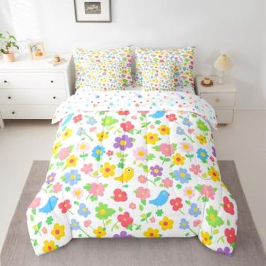 Imagem de Feelyou Conjunto de edredom floral com 7 peças, solteiro, com estampa de flores, floral, botânico, rosa, azul, roxo, respirável