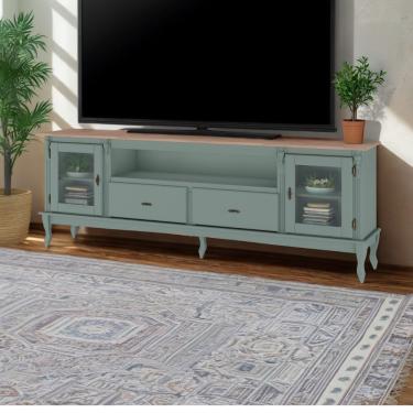 Imagem de Rack Para Tv Com Pés Luiz Xv 2 Gavetas 2 Portas E Nicho - Verde Menta Laca Com Tampo Avelã