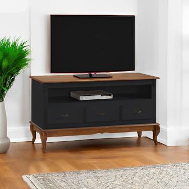 Imagem de Rack Para Sala 3 Gavetas E Nicho Pés Luis Xv - Preto Laca Com Tampo E Base Imbuia Glazer