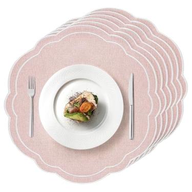 Imagem de Conjunto de 6 jogos americanos de linho de algodão rosa de 38 cm bordados recortados tapetes de mesa florais puros tapetes de mesa de tecido lavável para casamento, chá de bebê, festa de chá, festival