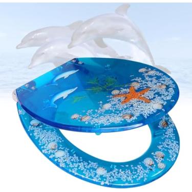 Imagem de Assento De Vaso Sanitário Com Pára-choques De Assento De Fechamento Suave E Antiderrapante, Tampa De Assento De Vaso Sanitário De Resina Com Efeitos 3d Transparentes Decora, Blue Dolphin