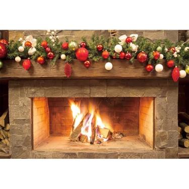 Imagem de Baocicco 1,5 x 0,9 m Pano de fundo de foto lareira de Natal queima madeira retro tijolo parede bola vermelha fundo de fotografia de inverno quente crianças 2022 Feliz Ano Novo Decoração Festival de Natal Adereços de estúdio fotográfico
