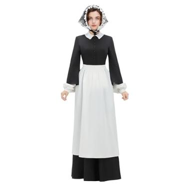 Imagem de Cosplay.fm Fantasia feminina Florence Nightingale vestido colonial fantasia pioneira com avental de cintura peregrino guerra civil enfermeira fantasia (preto, GG)