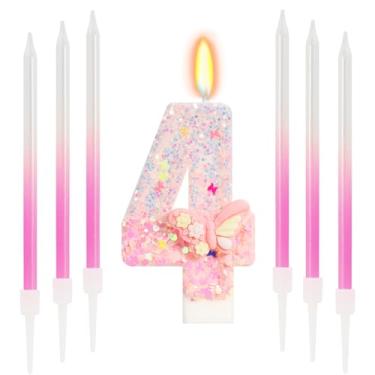 Imagem de ElekFX Vela número 4 de borboleta rosa com bastão de cera, decorações de 4 anos para meninas, topo de bolo de borboleta com glitter com lantejoulas para artigos de festa e lembrancinhas
