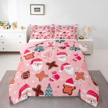 Imagem de Feelyou Conjunto de edredom com desenho de Papai Noel, árvore de Natal e floco de neve com 1 fronha, decoração de quarto de crianças, solteiro, rosa, edredom de Natal, respirável, macio e leve