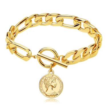 Imagem de CUFELMU Pulseira masculina de elos cubanos de ouro, pulseira de corrente de ouro com fecho de botão para homens, pulseiras grossas da amizade