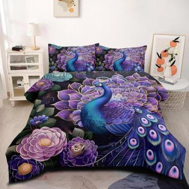 Imagem de Conjunto de edredom Coutuechen Peacock Queen Size Purple Floral - CCou