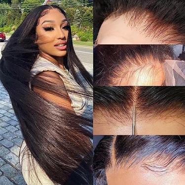 Imagem de Derun Perucas de cabelo humano com fecho de renda HD real 12 x 12 cm, densidade de 180% invisível, peruca reta frontal suíça, pré-arrancada com cabelo de bebê, nós descoloridos e peruca elástica para