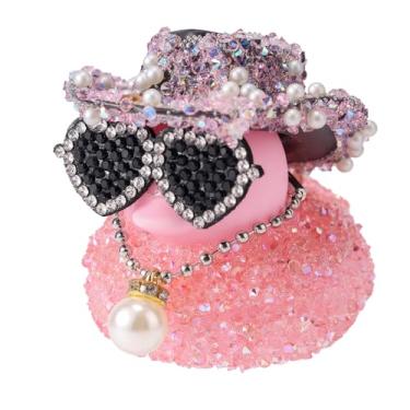 Imagem de Pato de Borracha com Diamante, Enfeite de Carro 5x5,5 cm Pato com Chapéu Cowboy Óculos Sol e Colar Pingente Pérola Decoração Engraçada para Painel (Rosa)