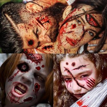 Imagem de Cerlaza Decorações de Halloween, tatuagens temporárias de zumbis, cicatrizes falsas, kit de maquiagem de Halloween, filme de terror grande tatuagem de ferida de cicatriz acessórios de festa, fantasias