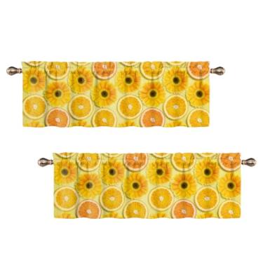 Imagem de Uiiooazy Sanefas de cozinha laranja laranjas suculentas frutas girassóis sanefa para janela pequena 132x45 cm cortina de janela com bolso para varão para sala de estar, quarto, 2 painéis
