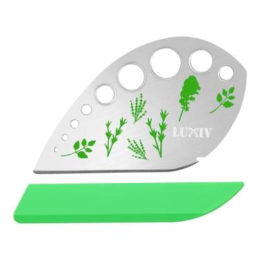 Imagem de Descascador de ervas com 9 furos, Luxiv Ferramenta de descascar folhas de ervas de aço inoxidável, lâmina solta de couve, lâmina de couve, descascador de ervas de metal para couve, acelga, verde, tomilho, manjericão, alecrim (1 pacote) (1, verde)
