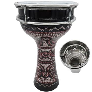 Imagem de ZAZA Percussion Darbuka de alumínio de 40 cm de comprimento, cabeça sintética sintonizável de 20 cm e jingles internos Doumbek (gravação em preto)