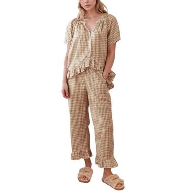 Imagem de Conjunto de pijamas femininos Flygo, xadrez, guingão, com botões, marr