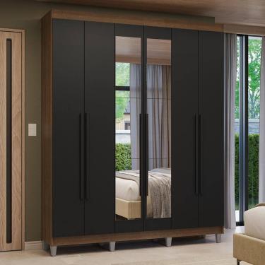 Imagem de Guarda-Roupa Casal com Pés 6 Portas Batentes com Espelho Rustic/Preto/Preto Venus Madesa