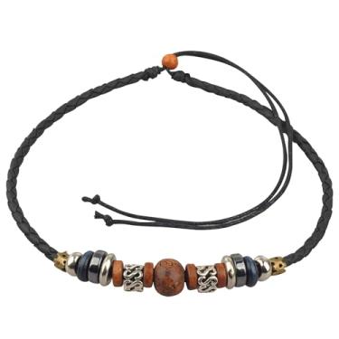 Imagem de Ancient Tribe Colar gargantilha tribal Boho com contas de madeira e gravadas, cordão de couro trançado, ajustável, 38 cm, One Size, Couro sintético, Sem Pedra Preciosa