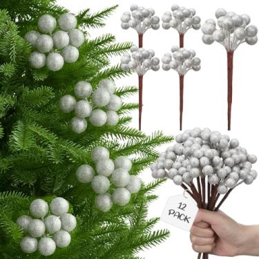 Imagem de Leinuosen Pacote com 12 palhetas de árvore de Natal prateadas açucaradas 22 cm guirlanda de Natal artificial caules de baga enfeites de galhos de Natal para decoração de mesa de casa
