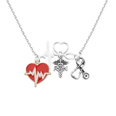 Imagem de LQRI RN Presente de graduação de enfermagem RN Colar com pingente de estetoscópio ECG batimento cardíaco caduceu presente de enfermeira, Small, Liga de aço, Liga metálica.