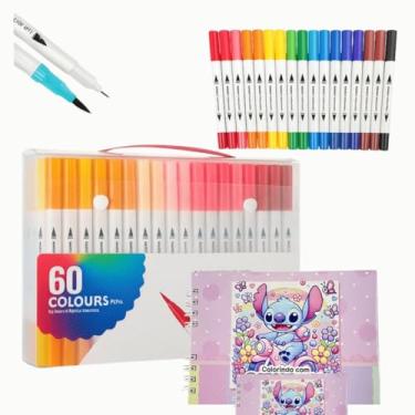 Imagem de Kit 60 Canetinhas Ponta Dupla (Pincel + Fina) + Livro de Colorir Sttich Capa Dura 50 Folhas – Estojo com Alça para Desenho