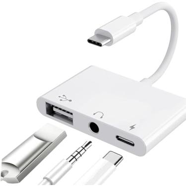 Imagem de Adaptador Apple USB C para USB para MacBook, divisor USB C 3 em 1 para USB-A OTG com conector de áudio de 3,5 mm e porta de carregamento rápido PD compatível com iPhone 15, iPad Pro, Samsung Galaxy