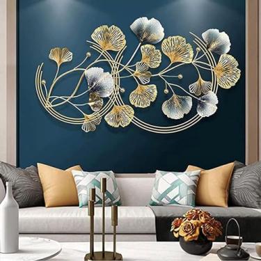 Imagem de Arte de parede de metal, decoração moderna de folhas de ginkgo, esculturas de parede de folha de damasco de forma redonda, decoração de parede de arte abstrata para banheiro, sala de estar, quarto