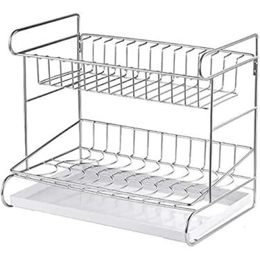 Imagem de AKALNNB Escorredor de pratos de 2 níveis, escorredor de pratos de aço inoxidável 304, escorredor de louças, escorredor de pratos com organizador de drenagem removível, suporte de utensílios