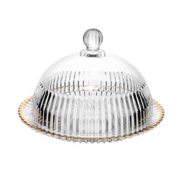 Imagem de Queijeira de Cristal Canelado C/Tampa Imperatriz Transparente C/Fio de Ouro 20x13,5cm Wolff