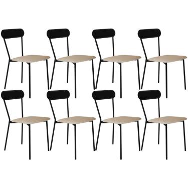 Imagem de Kit 08 Cadeiras Estofada Para Sala de Jantar Liora Preto C01 Linho Areia Courino Preto - Lyam Decor
