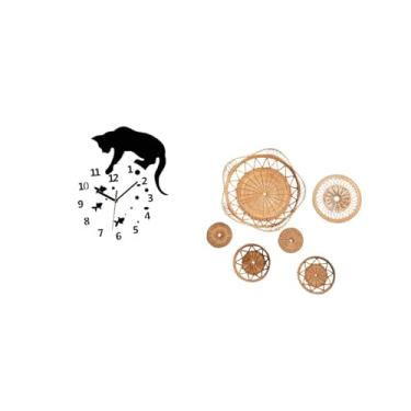 Imagem de Fenteer Relógio de Parede de Vime Silencioso com Gato, Arte única em Tecido, Movimento Silencioso, Relógio Analógico Decorativo para Sala de Estar, Quarto, Va