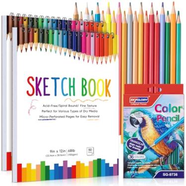 Imagem de Pacote com 2 cadernos de esboço com conjunto de 36 lápis de cor, caderno de desenho infantil em espiral (30,8 kg/100 gsm), bloco de esboço sem ácido para artistas infantis, materiais de desenho de