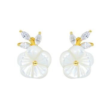 Imagem de Efashion Brincos femininos banhados a ouro 14K prata 925 estilo barroco incrustados de flores de zircão marquesa, Medium, Ouro amarelo, Zircônia cúbica