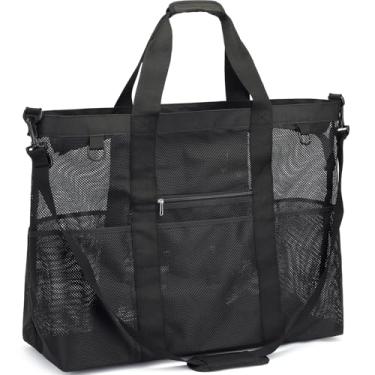 Imagem de Fammart Bolsa de praia de malha, bolsa de praia grande com bolso com zíper para a família, bolsa de piscina para brinquedos e itens essenciais de férias, Extra Grande - Preto #1, X-Large, Tendência