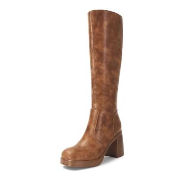 Imagem de SOVANYOU Bota feminina com plataforma empilhada na altura do joelho preta de couro sintético elástico, com bico quadrado e design de zíper lateral, A - marrom retrô, 36 BR