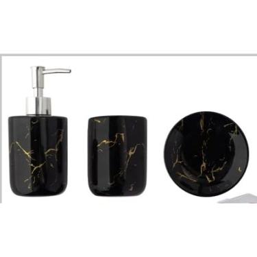 Imagem de Kit Banheiro 4 Peças em Cerâmica e Plástico com Dispenser Cromado 2 Porta-Escovas e Saboneteira – Organização e Estilo para Seu Lavabo (Conj. Cerâmica 3 Peças - Preto)